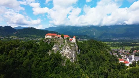 Aerial View of Bled Castle - Blejski Grad with Lake Bled - Blejsko Jezero Stock-Footage 267604712