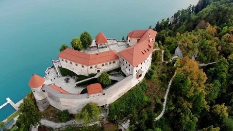 Aerial view of Bled Castle overlooking Lake Bled in Slovenia. 스톡 동영상 93306956