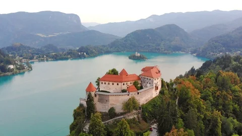 Aerial view of Bled Castle overlooking Lake Bled in Slovenia. Stock Footage 93307198
