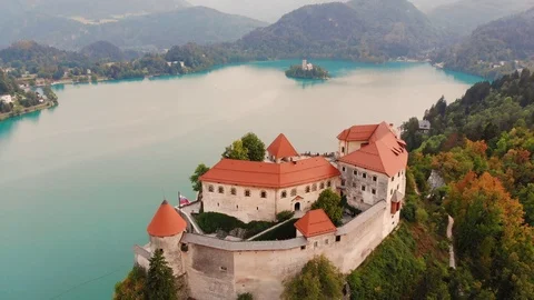 Aerial view of Bled Castle overlooking Lake Bled in Slovenia. Stock Footage 93307552