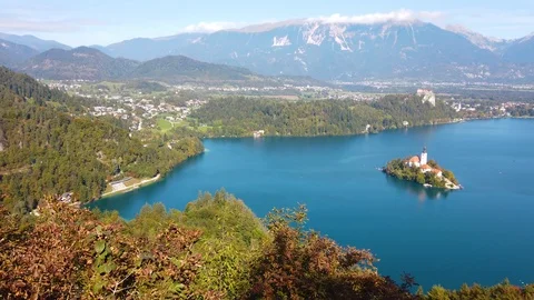 Aerial view of Bled Island and Lake Bled in Slovenia Stock Footage 125347752