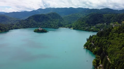 Aerial View of Bled Lake - Blejsko Jezero, Island with Pilgrimage Church of the Stock Footage 260656111