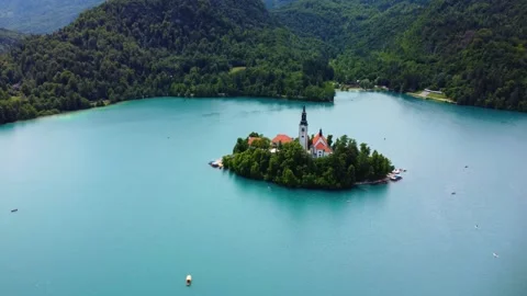 Aerial View of Bled Lake - Blejsko Jezero, Island with Pilgrimage Church of the Stock-Footage 260656171