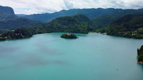 Aerial View of Bled Lake - Blejsko Jezero, Island with Pilgrimage Church of the Video stock 267604482
