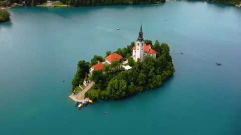 Aerial View of Bled Lake - Blejsko Jezero, Island with Pilgrimage Church of the Video stock 267604565
