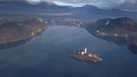 Aerial view of the Bled Lake Stock Footage 100544701
