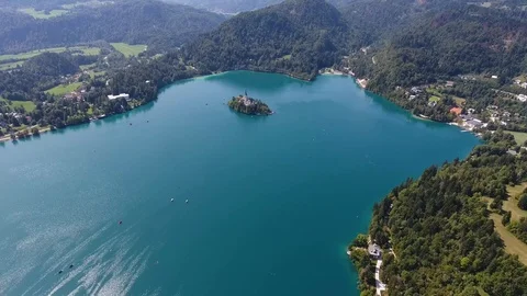 Aerial view of Bled lake in Slovenia on a sunny summer day Stock Footage