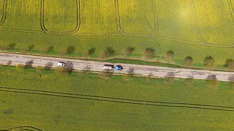 Aerial view of blooming  rape fields along a Country Road. tractor is passing by Stock Footage 75441633
