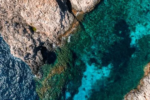 Aerial view of Blue Lagoon cliffs and waters, Comino Island, Malta Stock Photos