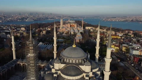 Aerial view of Blue Mosque and the Hagia Sophia, Istanbul, Turkey 4K Stock Footage 168024496