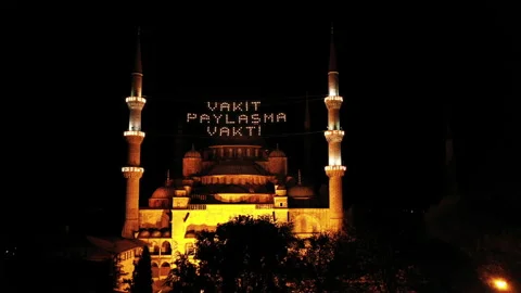 Aerial view of Blue Mosque. There says "It's time to share time." Stock Footage 136991015