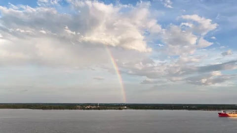 Aerial View of a Blue Sky with Clouds and a Rainbow Stock Footage 248948286
