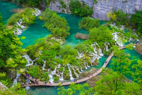 Aerial view of the boardwalk at Plitvice Lakes National Park, UNESCO World Stock Photos