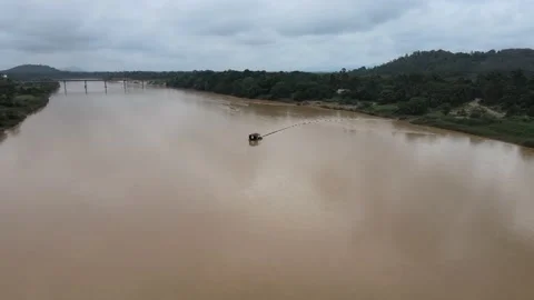 Aerial view of Boat, River and Bridge in Tanah Merah Kelantan Stock Footage 148308875
