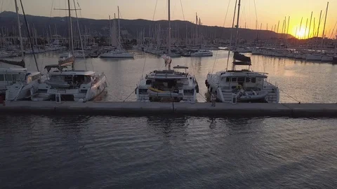 Aerial view boats at sunset in the small greek marina of Lefkada Stock Footage 120295181