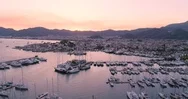 Aerial View Of Boats, Yachts, City At Sunset In Marmaris Stock Footage