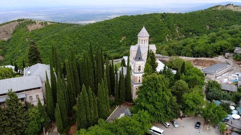 Aerial view on Bodbe Monastery, Georgia, Caucasus Stock Footage 112644043