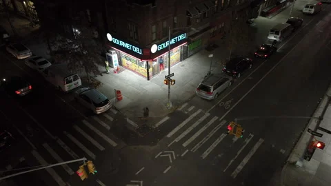 Aerial view of a Bodega in Brooklyn at night Video stock 294258951