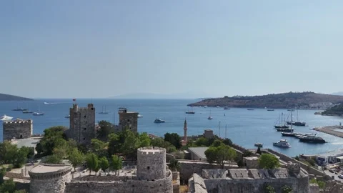 Aerial view of Bodrum castle, by the coast of Aegean Sea Stock Footage 336574359