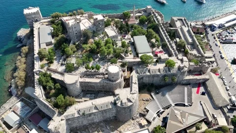 Aerial view of Bodrum castle, by the coast of Aegean Sea, Bodrum Stock Footage 336574414