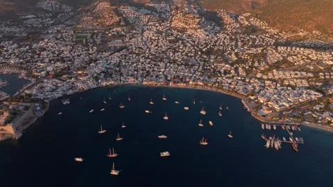 Aerial view of Bodrum harbor at sunset, Turkey. Video stock 297301653