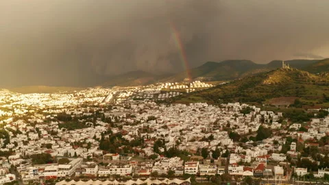 Aerial view of Bodrum under the rainbow, Turkey. Video stock 154080494