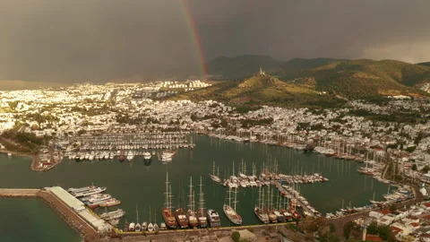 Aerial view of Bodrum under the rainbow, Turkey. Stock Footage 154080965