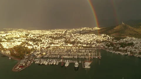 Aerial view of Bodrum under the rainbow, Turkey. Video stock 163528963