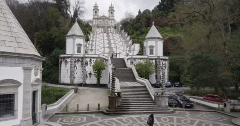Aerial view of Bom Jesus do Monte is a Portuguese sanctuary in Braga, Portugal Stock Footage 100002722