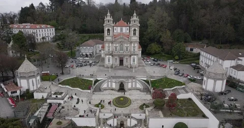 Aerial view of Bom Jesus do Monte is a Portuguese sanctuary in Braga, Portugal Stock Footage 100003233