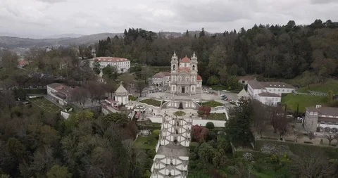 Aerial view of Bom Jesus do Monte is a Portuguese sanctuary in Braga, Portugal Stock Footage 100004780