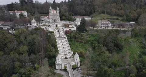 Aerial view of Bom Jesus do Monte is a Portuguese sanctuary in Braga, Portugal Stock Footage 100005093