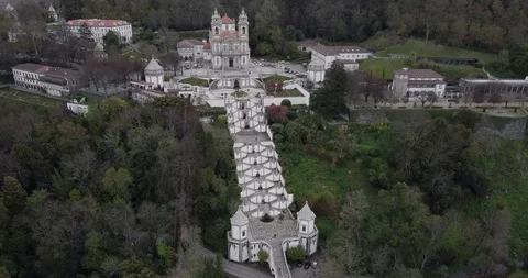 Aerial view of Bom Jesus do Monte is a Portuguese sanctuary in Braga, Portugal Stock Footage 100005583