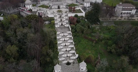 Aerial view of Bom Jesus do Monte is a Portuguese sanctuary in Braga, Portugal Stock Footage 100005791