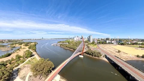 Aerial View Of Boorloo Bridge Over the Swan River and Heirisson Island Perth Stock Footage 327558750