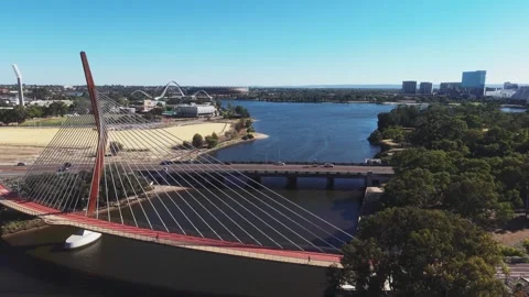 Aerial View Of Boorloo Bridge Over the Swan River and Heirisson Island Perth Stock Footage 327558766