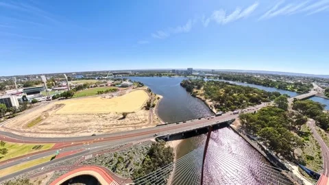 Aerial View Of Boorloo Bridge Over the Swan River and Heirisson Island Perth Stock Footage 327558791