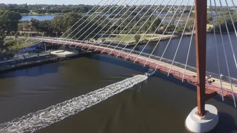 Aerial View Of Boorloo Bridge Over the Swan River and Heirisson Island Perth Stock Footage 327558869