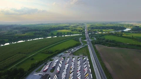 Aerial view to Border Control in East Europe with parked Trucks with trailers Stock Footage 111433788