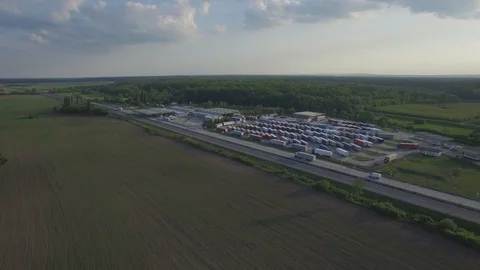 Aerial view to Border Control in East Europe with parked Trucks with trailers Stock Footage 111524313