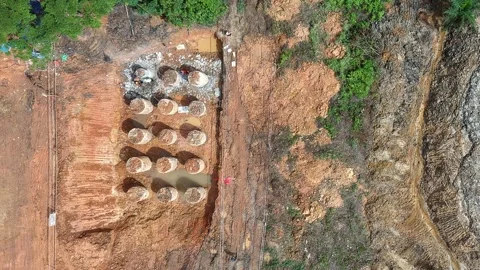 Aerial View of Bored Pile Foundation Construction for Bridge Project Stock Footage 340178211