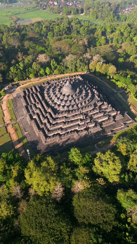 Aerial view of Borobudur Temple surrounded by lush jungle Central Java Indonesia Vídeos de archivo 337495823