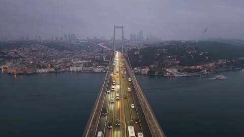 Aerial view of the bosphorus bridge traffic at dusk in istanbul 4K Stock Footage 341271573