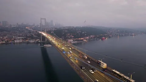 Aerial view of the bosphorus bridge traffic at dusk Stock Footage 341271667