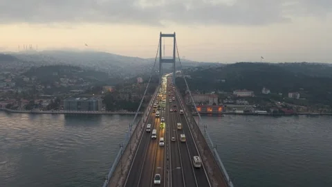 Aerial view of the bosphorus bridge traffic at dusk Stock Footage 341271686