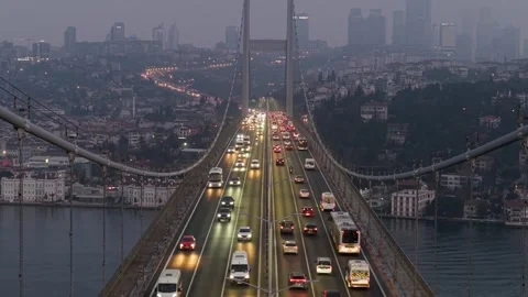 Aerial view of the bosphorus bridge traffic at dusk Stock Footage 341271816