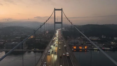 Aerial view of the bosphorus bridge traffic at dusk in istanbul 4K Stock Footage 341271864