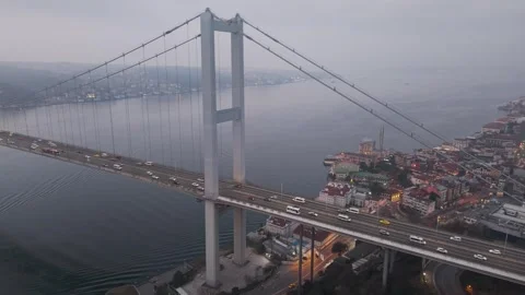 Aerial view of the bosphorus bridge traffic at dusk Stock Footage 341272001