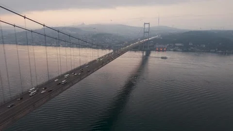 Aerial view of bosphorus bridge traffic at sunset Stock Footage 341272008