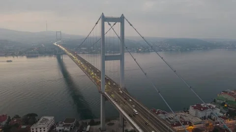 Aerial view of the bosphorus bridge traffic at dusk in Istanbul Stock Footage 341272017